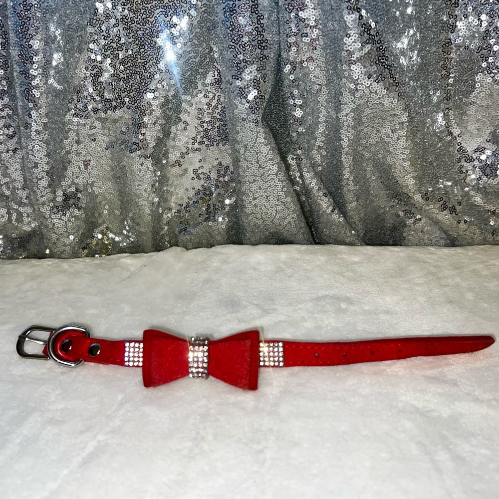 XXS Red Rhinestone Pretty Bow Pet Collar Dog or Cat